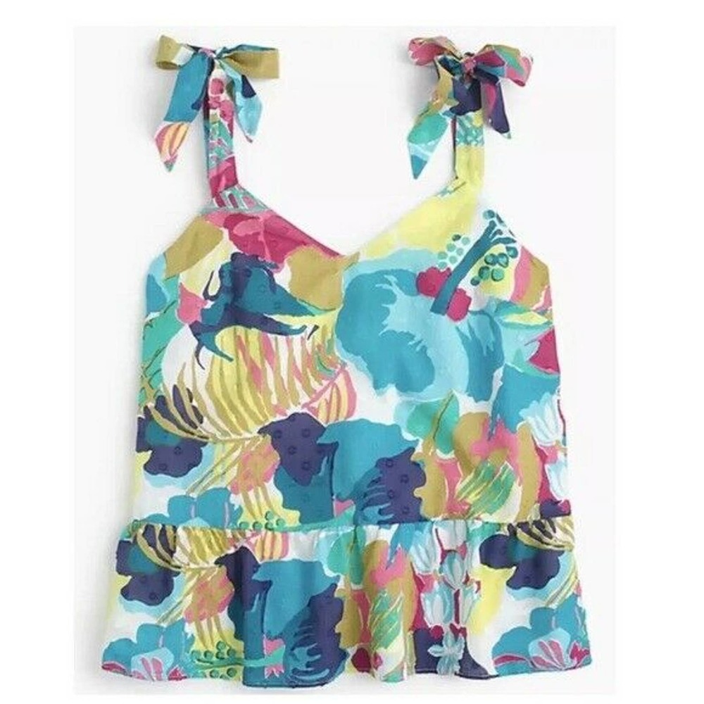 J Crew Women's Tie Shoulder Peplum Top Seaside Floral Shirt Blue Pink Sz 2P NWT